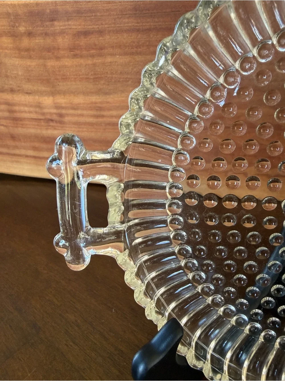 Clear Pressed Glass Handled Serving Plate Hobnail Dot Scalloped Edge